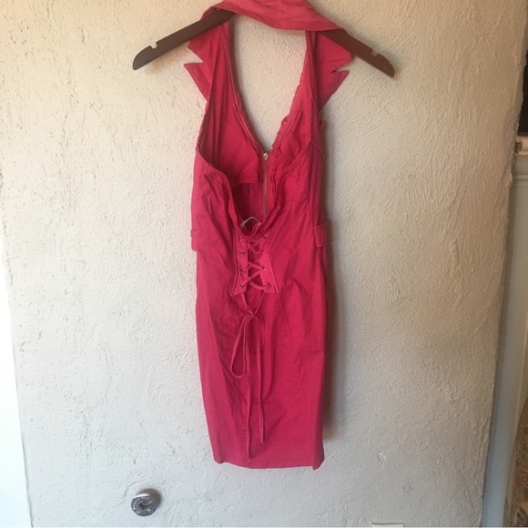 Entry Hot Pink Barbiecore Halter Lace Up Grommet Dress - Picture 3 of 9